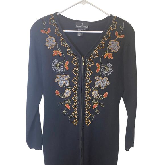 Vintage Carole Little Wool Blend Black Embroidered Maxi Sweater Dress Size Med - Picture 2 of 8